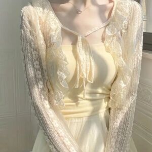 Elegant Cream Long Sleeve Floral Flower Lace Ruffle Tie Cardigan Jacket Cover